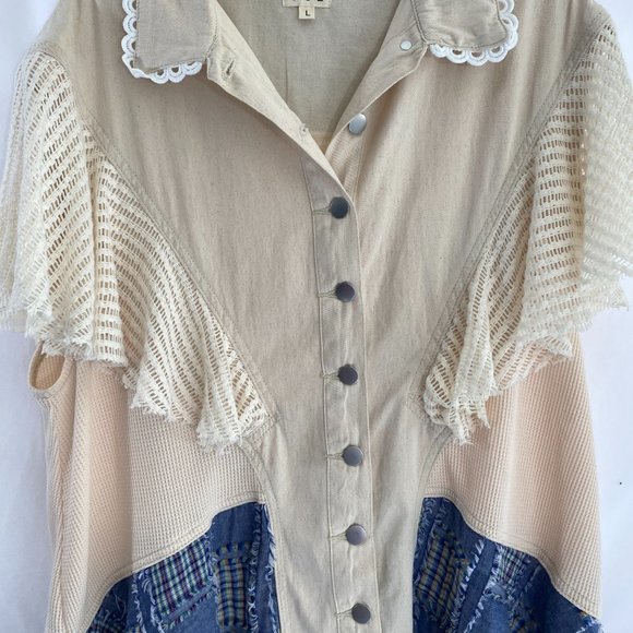 POL Bohemian Lacy White Blue Patchwork Dress Tunic Top NWOT Women's Size Large - Picture 15 of 15